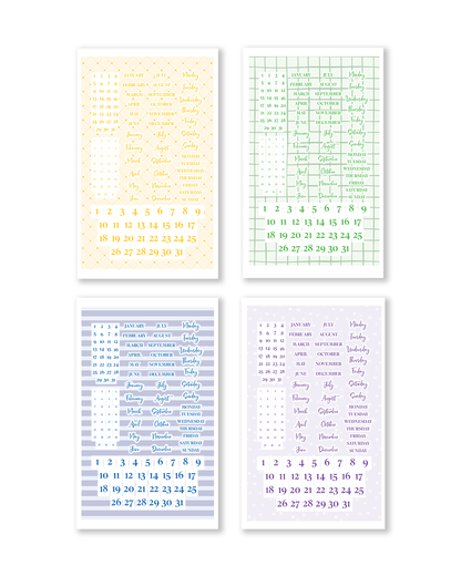 Four different calendar designs on a white background
