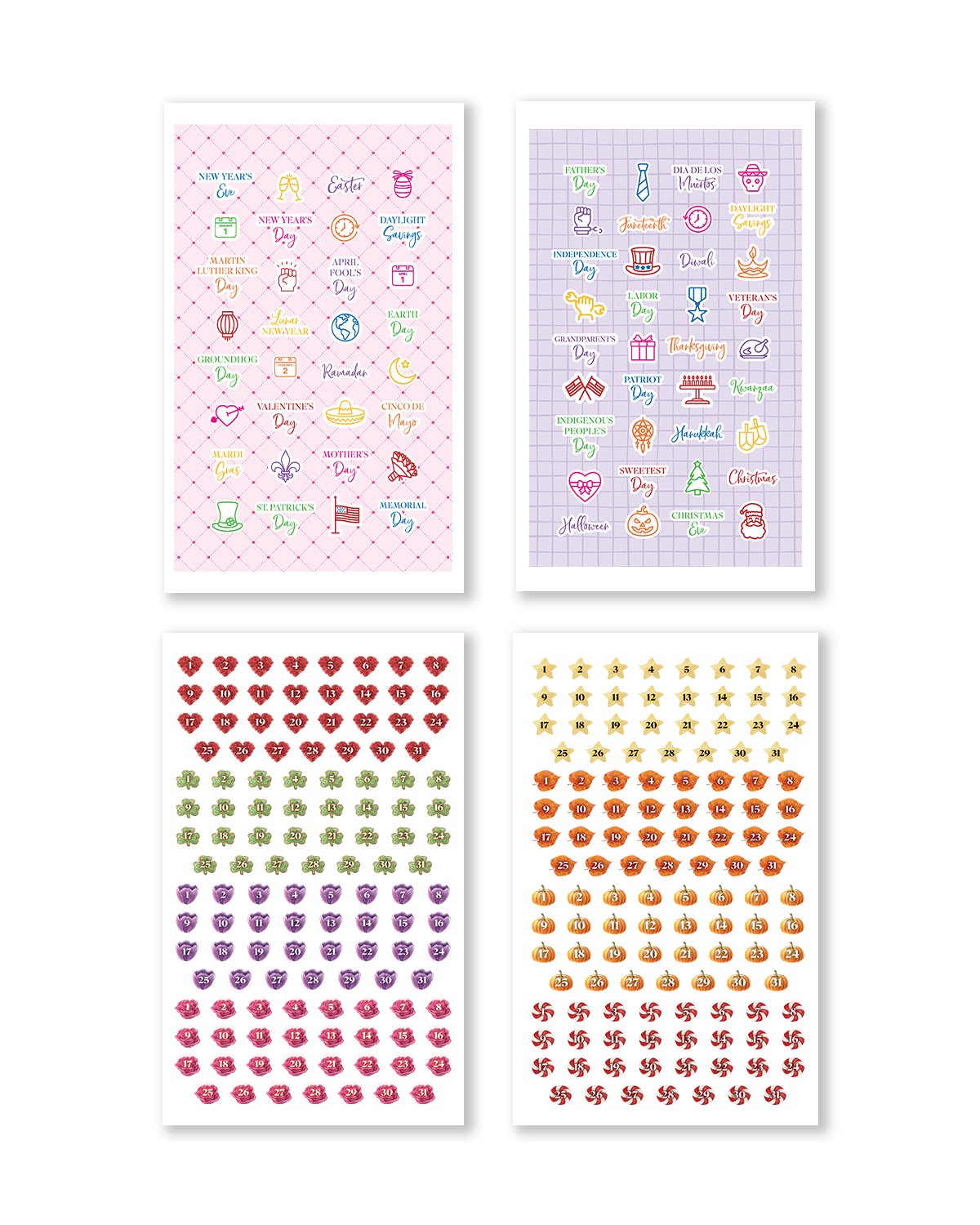 Set of four decorative sheets with various designs on a white background