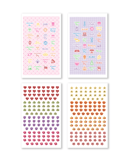 Set of four decorative sheets with various designs on a white background