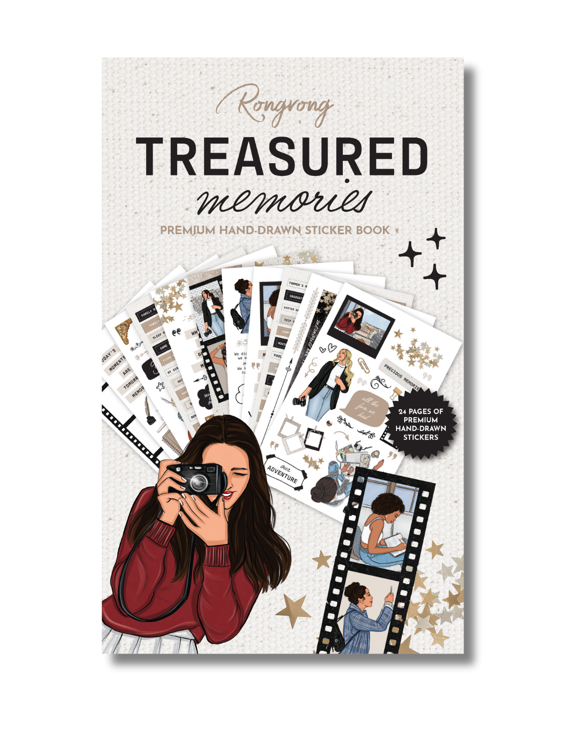 Sticker book cover titled 'Treasured Memories' with illustrations of people and a camera.