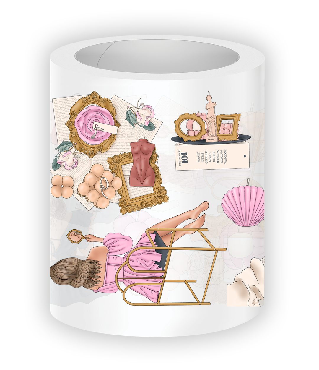 Typically Golden PET tape roll with soft wellness and lifestyle illustrations

