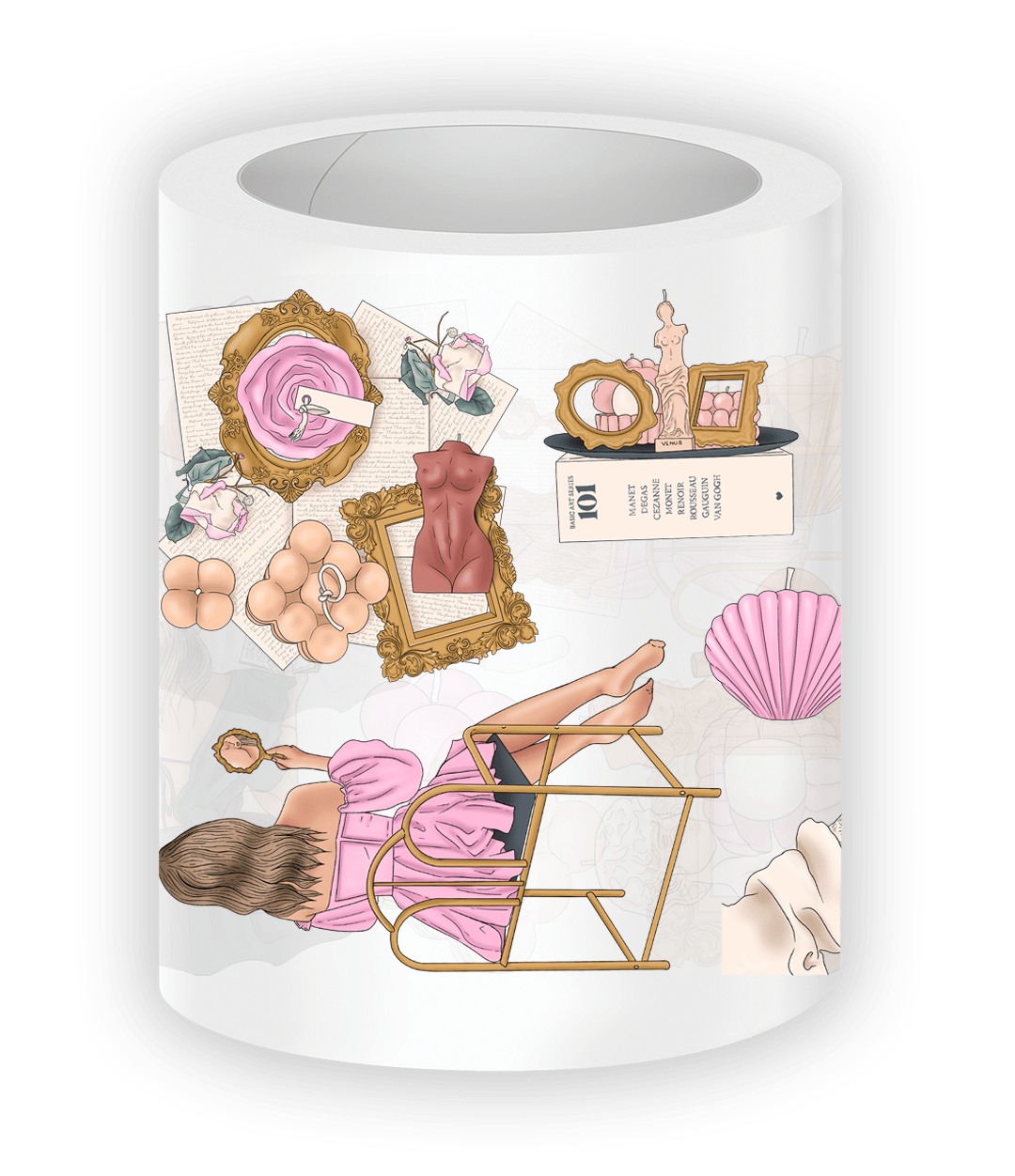 Typically Golden PET tape roll with soft wellness and lifestyle illustrations

