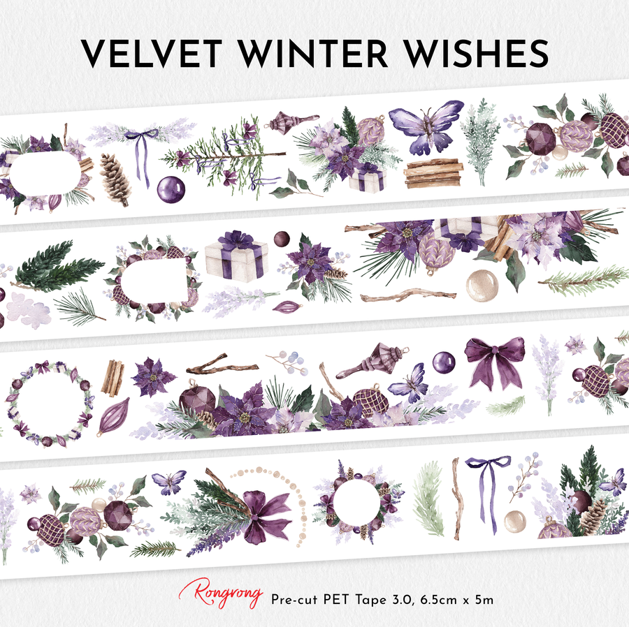 Velvet Winter Wishes Pre-cut PET Tape 3.0 featuring purple poinsettias, butterflies, velvet bows, Christmas ornaments, pinecones, wreaths, wrapped gifts, winter greenery, botanical frames, and elegant floral holiday decorations for planners and journals.