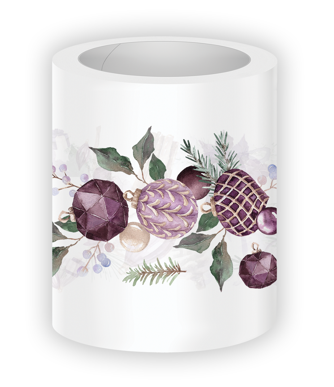 Velvet Winter Wishes PET tape featuring elegant purple Christmas ornaments, evergreen branches, winter foliage, berries, and luxurious holiday botanical accents.