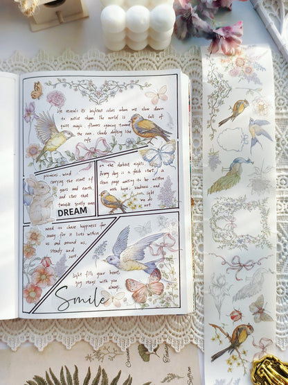 Vintage botanical Japanese washi tape with florals and birds