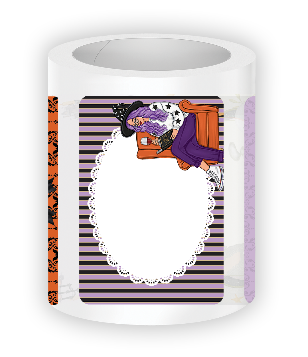 Mockup of the Wicked Little Sticky Notes Roll featuring a purple striped sticky note design with a fashionable witch girl lounging on an orange chair surrounded by cozy spooky season details.