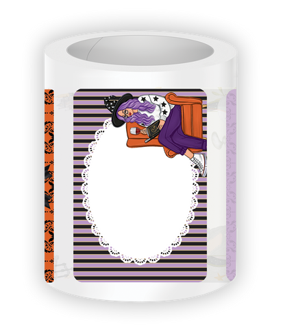 Mockup of the Wicked Little Sticky Notes Roll featuring a purple striped sticky note design with a fashionable witch girl lounging on an orange chair surrounded by cozy spooky season details.