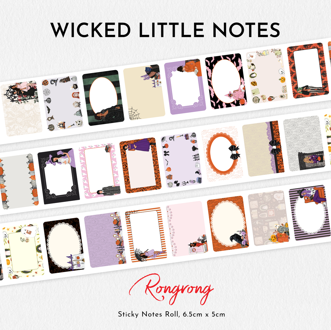 Full collection preview of the Wicked Little Sticky Notes Roll featuring multiple Halloween-inspired sticky note designs with pumpkins, bows, ravens, lace frames, ghosts, fashion girls, and elegant autumn color palettes in orange, purple, blush pink, cream, and black.
