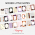 Full collection preview of the Wicked Little Sticky Notes Roll featuring multiple Halloween-inspired sticky note designs with pumpkins, bows, ravens, lace frames, ghosts, fashion girls, and elegant autumn color palettes in orange, purple, blush pink, cream, and black.
