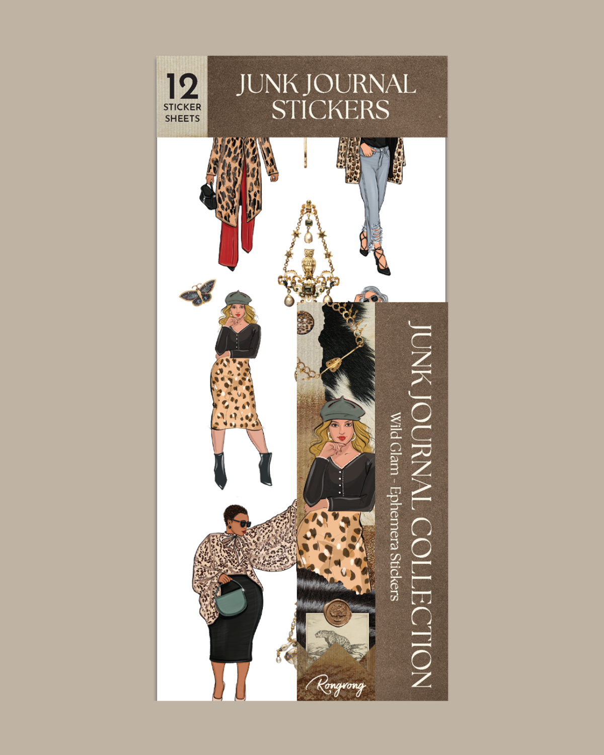 Wild Glam Ephemera Sticker Sheet Set featuring fashion illustrations with leopard print outfits, chic accessories, vintage ephemera elements, animal print textures, butterflies, chandeliers, and glamorous neutral-toned journaling stickers for planners, scrapbooks, and junk journals.