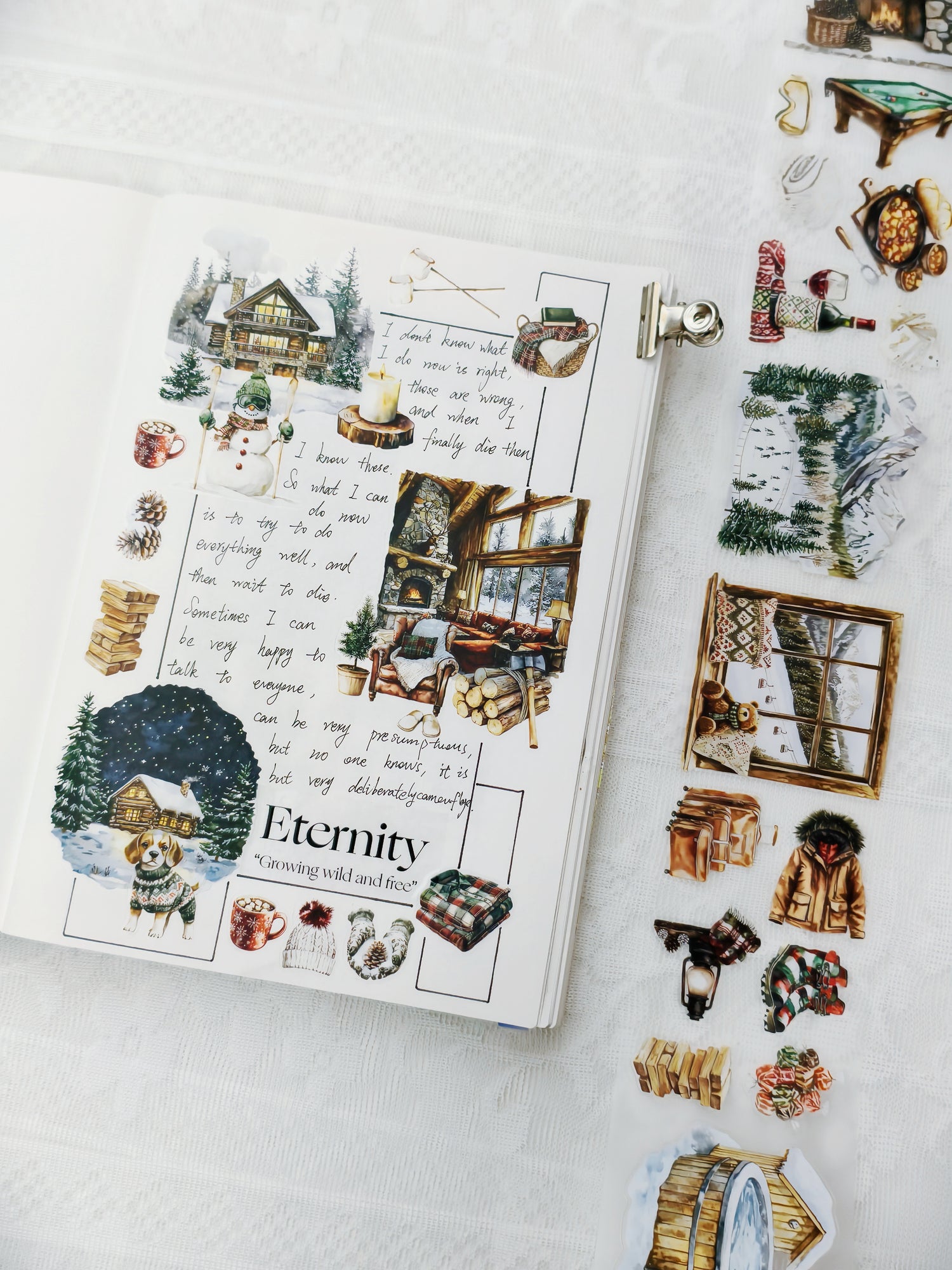 Holiday PET tape featuring rustic cabins, pine trees, and snowy details