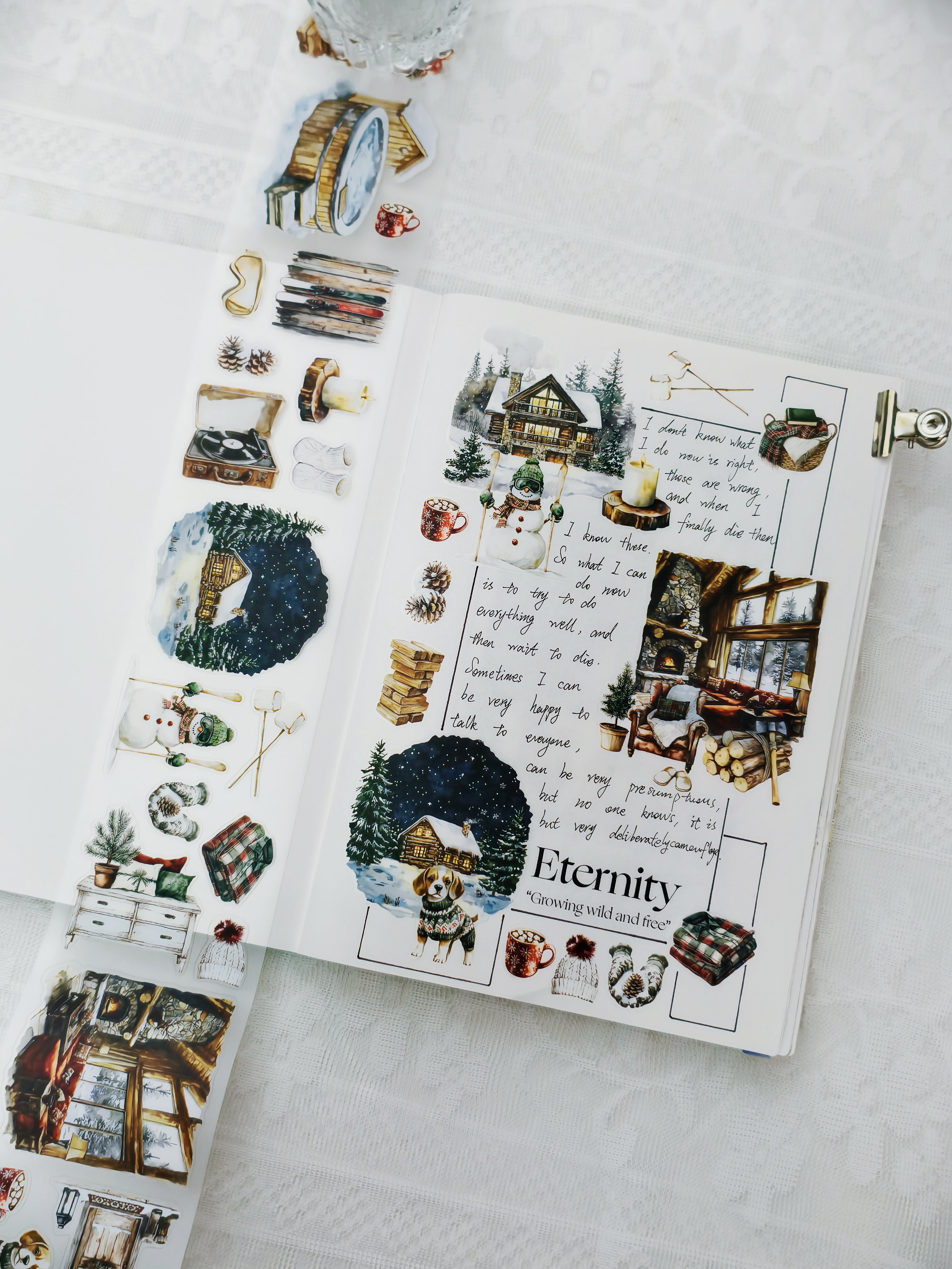 Pre-cut PET tape with winter cabin theme for journaling and scrapbooking