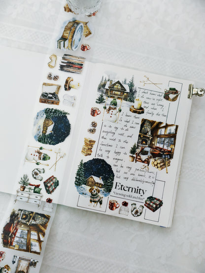 Pre-cut PET tape with winter cabin theme for journaling and scrapbooking
