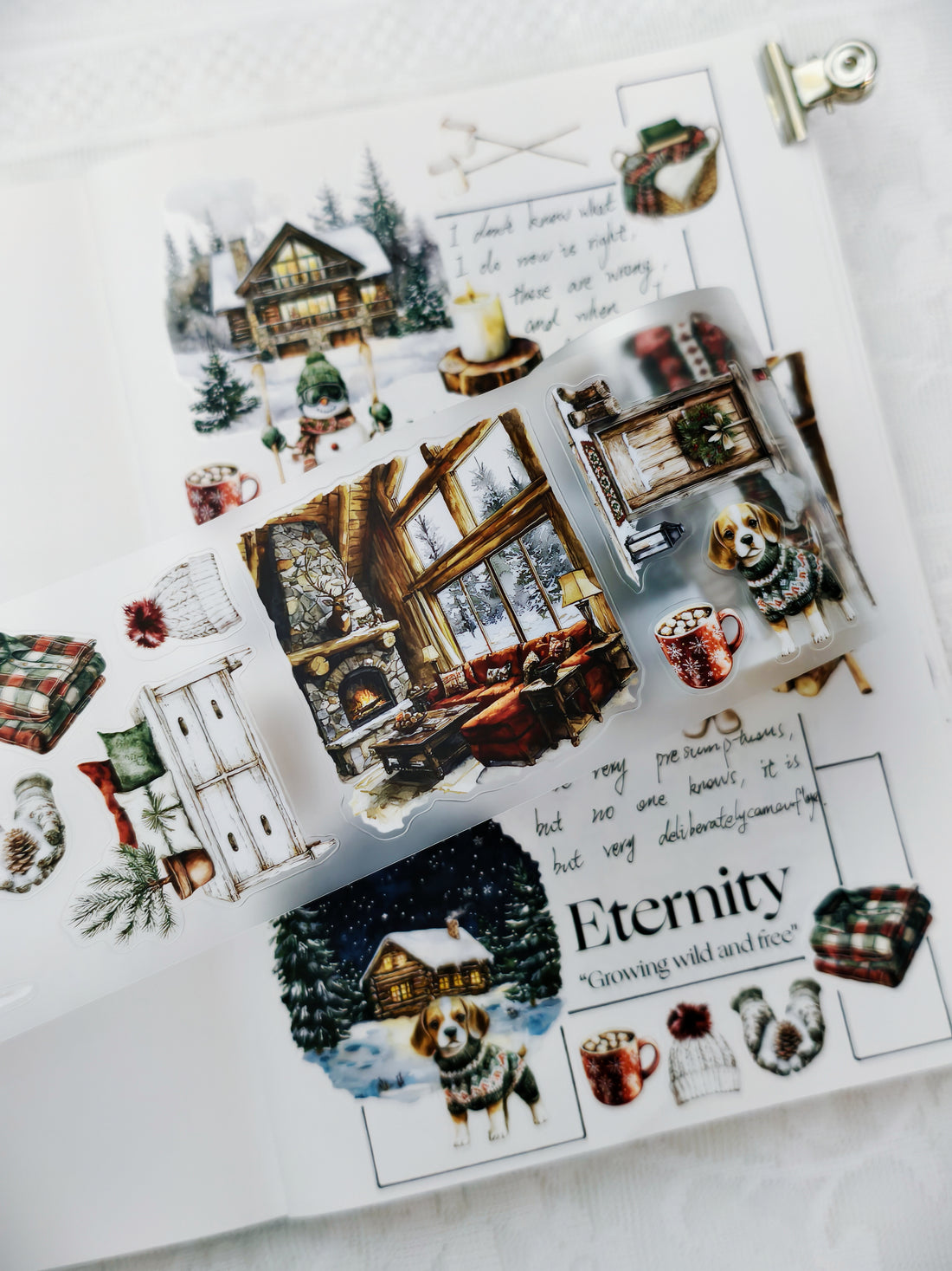 Cozy cabin PET tape design with festive winter scenery