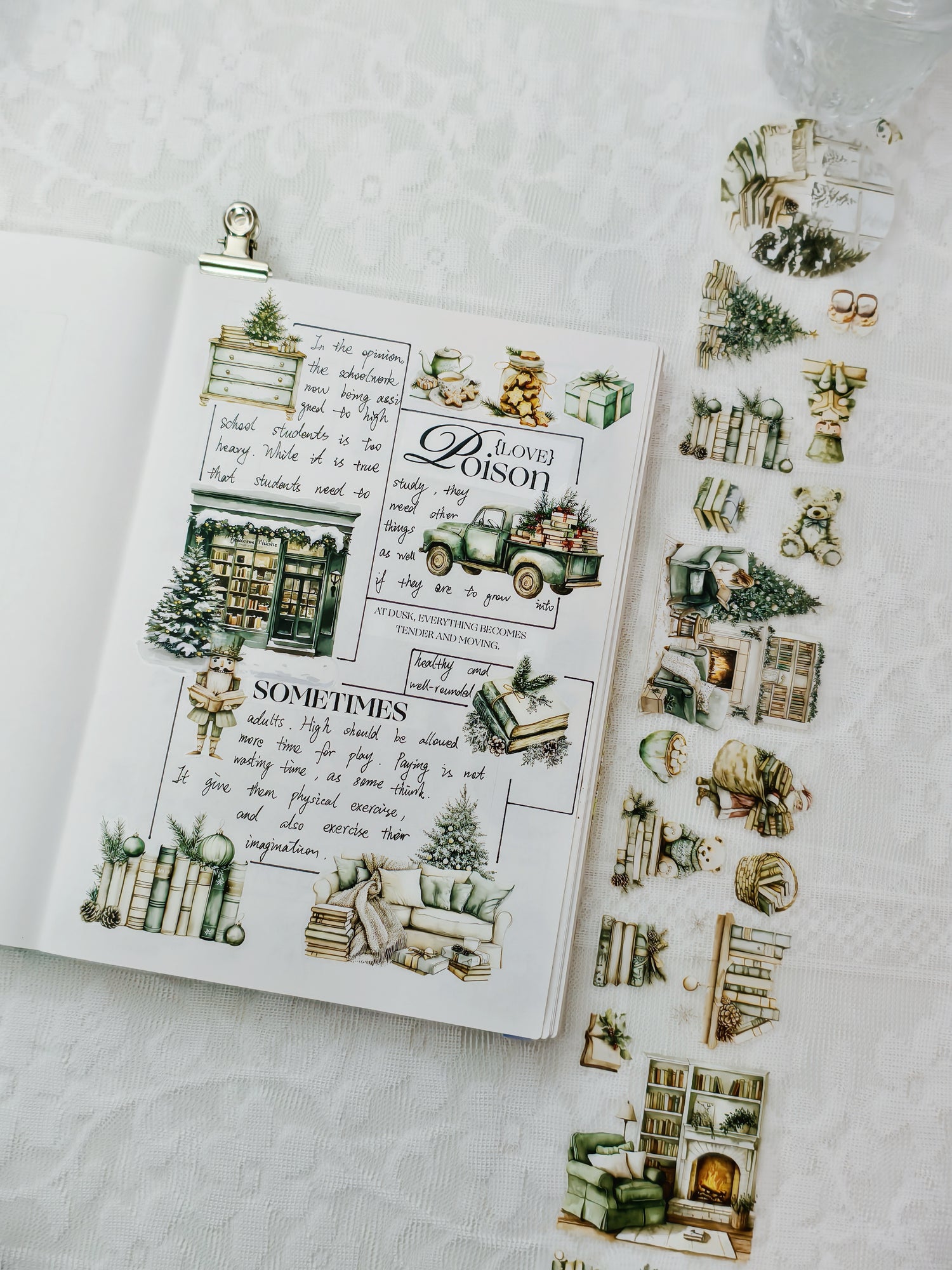 Winter Tales PET tape flatlay with snowy forest elements
