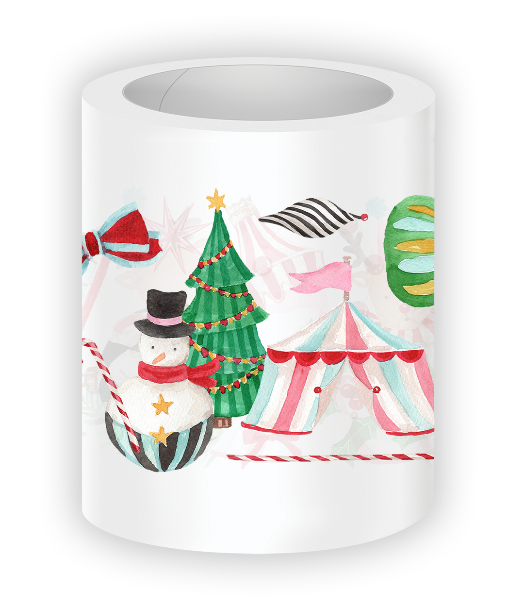 Winter Carnival pre-cut PET tape featuring a cheerful snowman, decorated Christmas tree, vintage carnival tent, candy-striped decorations, and whimsical holiday carnival elements.