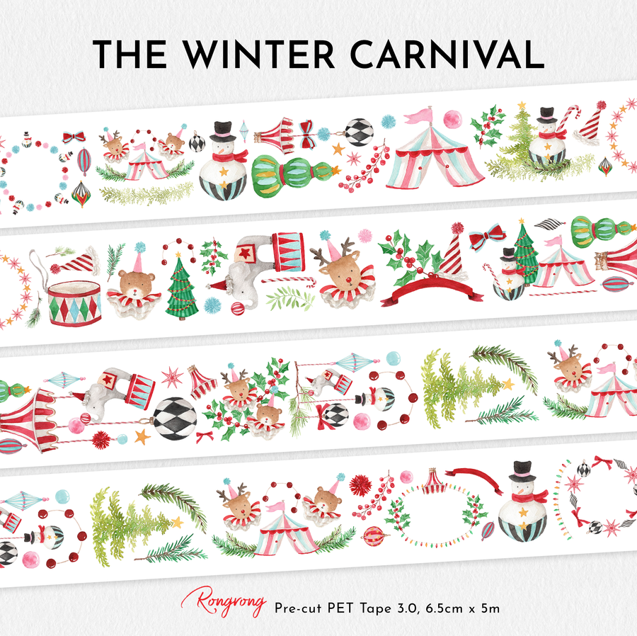 Winter Carnival PET Tape 3.0 showcasing festive Christmas carnival illustrations including snowmen, reindeer, teddy bears, circus tents, Christmas trees, ornaments, holly, garlands, ribbons, drums, and colorful holiday decorations for planners and journals.