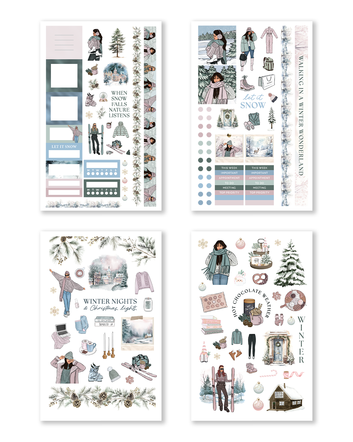 Winter-themed planner stickers featuring snowy landscapes, cozy winter fashion, hot chocolate, pine trees, skiing illustrations, pastel winter decor, and holiday-inspired planner stickers.