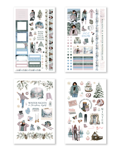 Winter-themed planner stickers featuring snowy landscapes, cozy winter fashion, hot chocolate, pine trees, skiing illustrations, pastel winter decor, and holiday-inspired planner stickers.