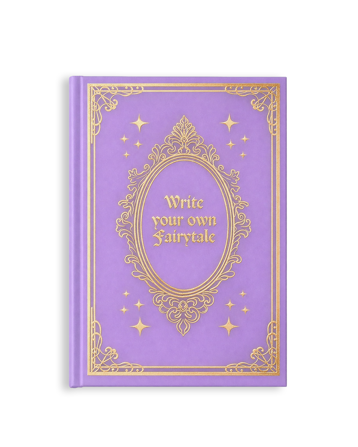 Lavender faux leather journal with gold foil details and ornate fairytale-inspired frame design featuring the quote “Write your own fairytale.”