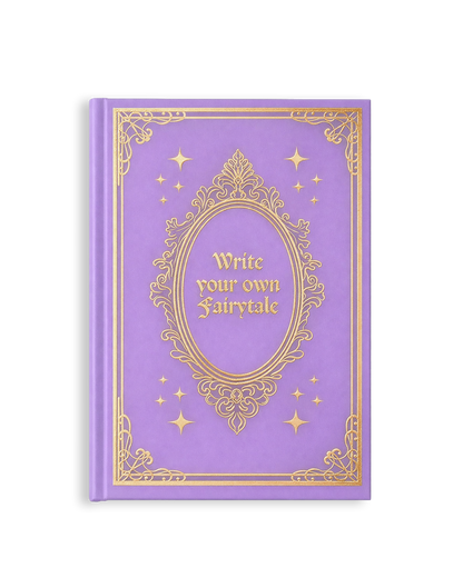 Lavender faux leather journal with gold foil details and ornate fairytale-inspired frame design featuring the quote “Write your own fairytale.”