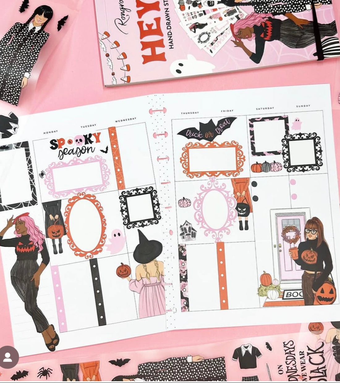 Stickers showcasing a variety of spooky icons, including bats, witches, and candy in bright, festive hues.