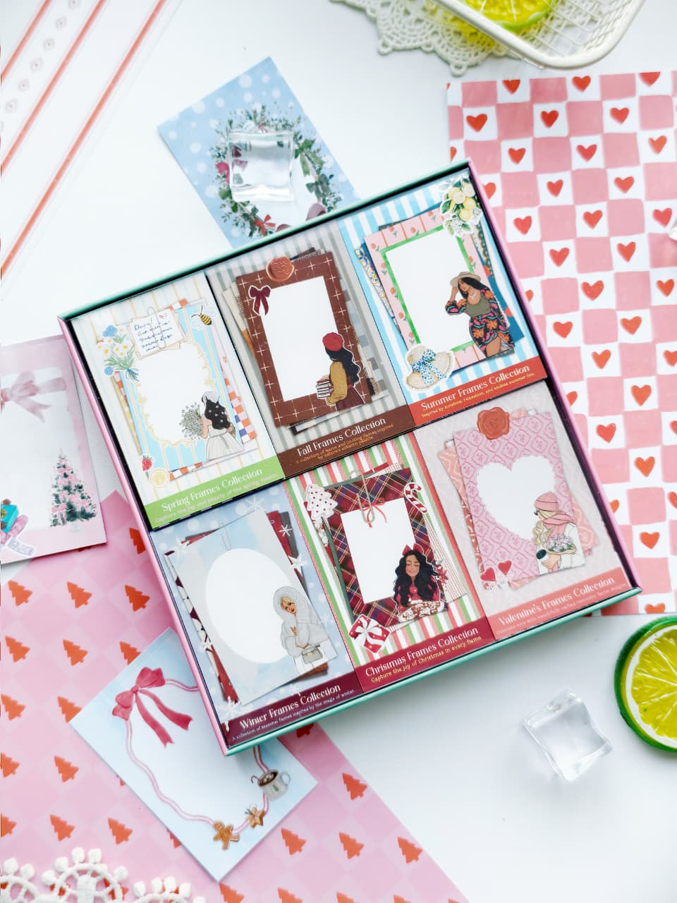 Open Pretty Little Frames Collection box displaying six colorful seasonal frame designs for journaling and planning.