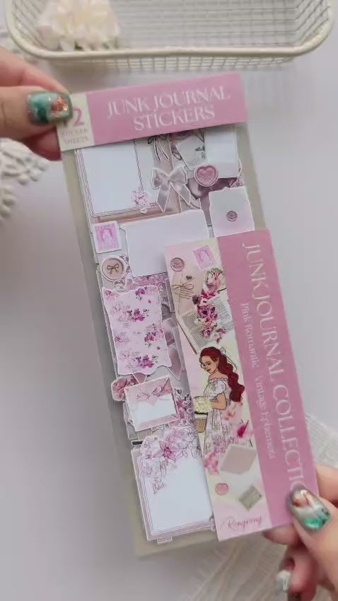 Pink Romantic – Vintage Ephemera Sticker Sheet Set flip-through featuring romantic pink tones, vintage-inspired ephemera, elegant florals, lace details, feminine fashion illustrations, and decorative stickers perfect for planners, journaling, and scrapbooking.