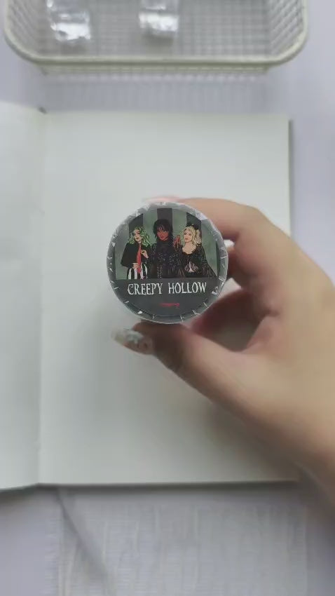Plan With Me video showcasing Creepy Hollow pre-cut PET tape with transparent gothic Halloween stickers featuring haunted houses, spooky girls, vintage Halloween elements, bats, pumpkins, eerie florals, and decorative planner layouts.