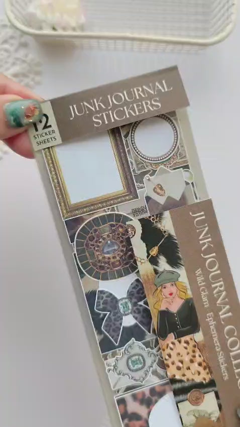 Wild Glam Ephemera Sticker Sheet Set flip-through featuring bold fashion-inspired illustrations, leopard prints, glam accessories, layered ephemera pieces, and stylish decorative stickers for planners, journals, and scrapbooking.