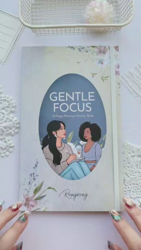 Gentle Focus Sticker Book flip-through featuring calming neutral tones, cozy productivity themes, feminine fashion illustrations, motivational quotes, functional planner stickers, and aesthetic decorative layouts perfect for journaling, planning, and scrapbooking.