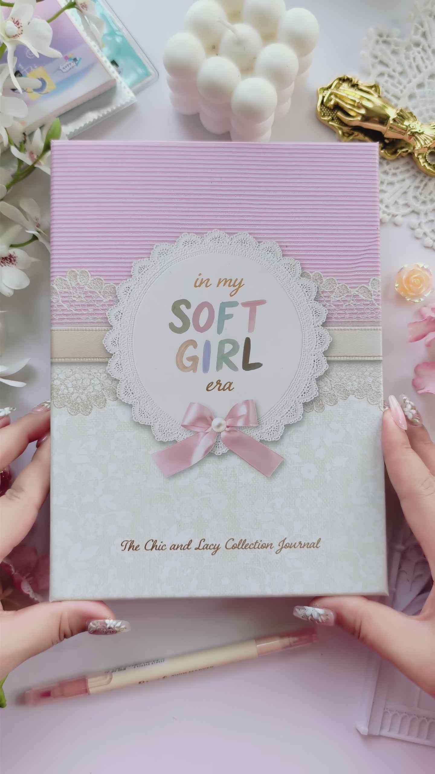 Aesthetic flip-through of the Soft Girl Era bullet journal showing lace cover details, dotted pages, ribbon bookmark, and soft feminine design elements