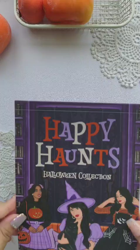 Unboxing video showcasing the Happy Haunts Sticker Book with premium Halloween stickers, decorative planner boxes, spooky quotes, witches, pumpkins, black cats, gothic patterns, and bookish embellishments for journaling, scrapbooking, and paper crafting.