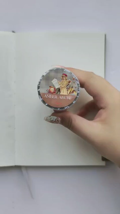 Plan With Me video showcasing Amber Allure pre-cut PET tape in a cozy autumn planner spread, featuring easy-to-peel transparent stickers, fashionable fall illustrations, pumpkins, candles, books, leaves, and seasonal journaling inspiration.