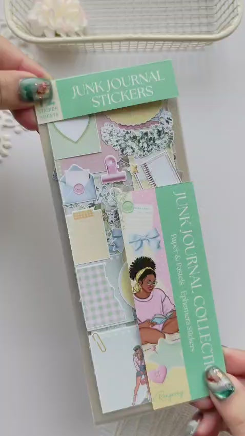 Paper Pastels Ephemera Stickers flip-through featuring soft pastel colors, vintage-inspired paper pieces, delicate florals, layered ephemera designs, and aesthetic decorative stickers perfect for journaling, planners, and scrapbooking.