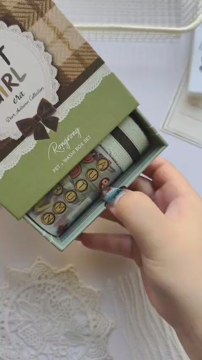 Plan with me using the Dear Autumn Pre-cut PET Tape + Washi Box, decorating a planner spread with autumn-themed PET stickers, cozy fashion girls, pumpkins, fall foliage, books, coffee, plaid washi tapes, and seasonal accents for a warm and inviting layout.
