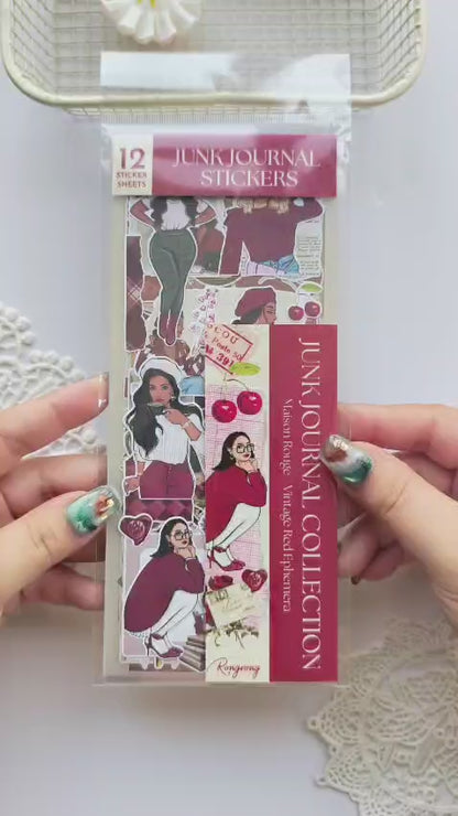 Maison Rouge – Vintage Red Ephemera Sticker Sheet Set flip-through featuring rich red vintage-inspired ephemera, romantic florals, antique paper details, feminine fashion illustrations, and elegant decorative stickers perfect for journaling, planners, and scrapbooking.