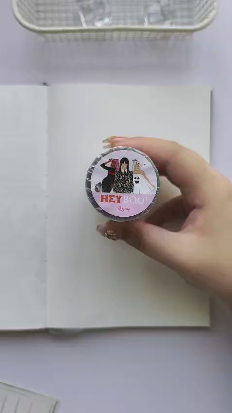 Video demonstrating the use of Hey Boo Pre-cut PET Tape in a playful Halloween journal spread, featuring pre-cut transparent stickers with friendly ghosts, pumpkins, bats, haunted houses, spooky books, witch-inspired fashion, and pastel Halloween décor for creative journaling and memory keeping.