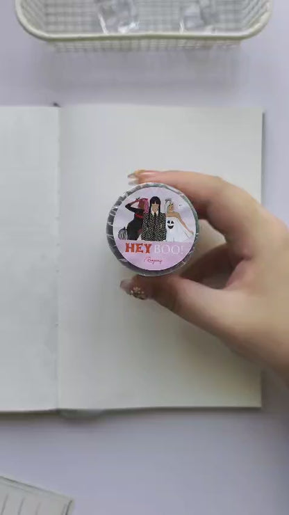Video demonstrating the use of Hey Boo Pre-cut PET Tape in a playful Halloween journal spread, featuring pre-cut transparent stickers with friendly ghosts, pumpkins, bats, haunted houses, spooky books, witch-inspired fashion, and pastel Halloween décor for creative journaling and memory keeping.