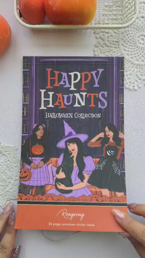 Plan With Me video featuring the Happy Haunts Sticker Book to create a layered Halloween journal spread using decorative stickers, functional planner boxes, spooky quotes, witches, pumpkins, gothic accents, and cozy bookish Halloween designs.