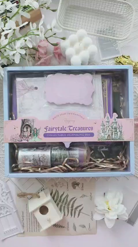 Unboxing video of the Fairytale Treasures Journal Box featuring fantasy-themed stationery, fairy-inspired stickers, washi tapes, decorative journaling supplies, and magical pastel planner accessories.