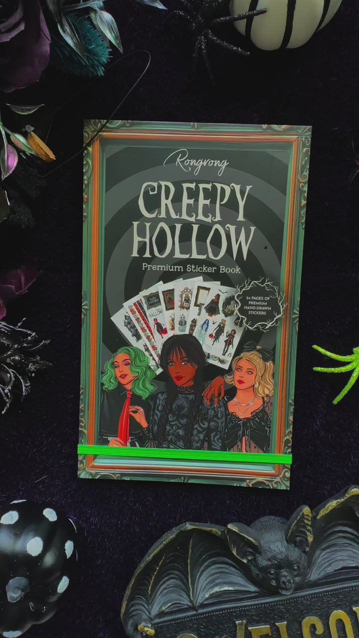 Video preview of the Creepy Hollow Sticker Book, showcasing a flip-through of pages brimming with playful, spooky-themed stickers.