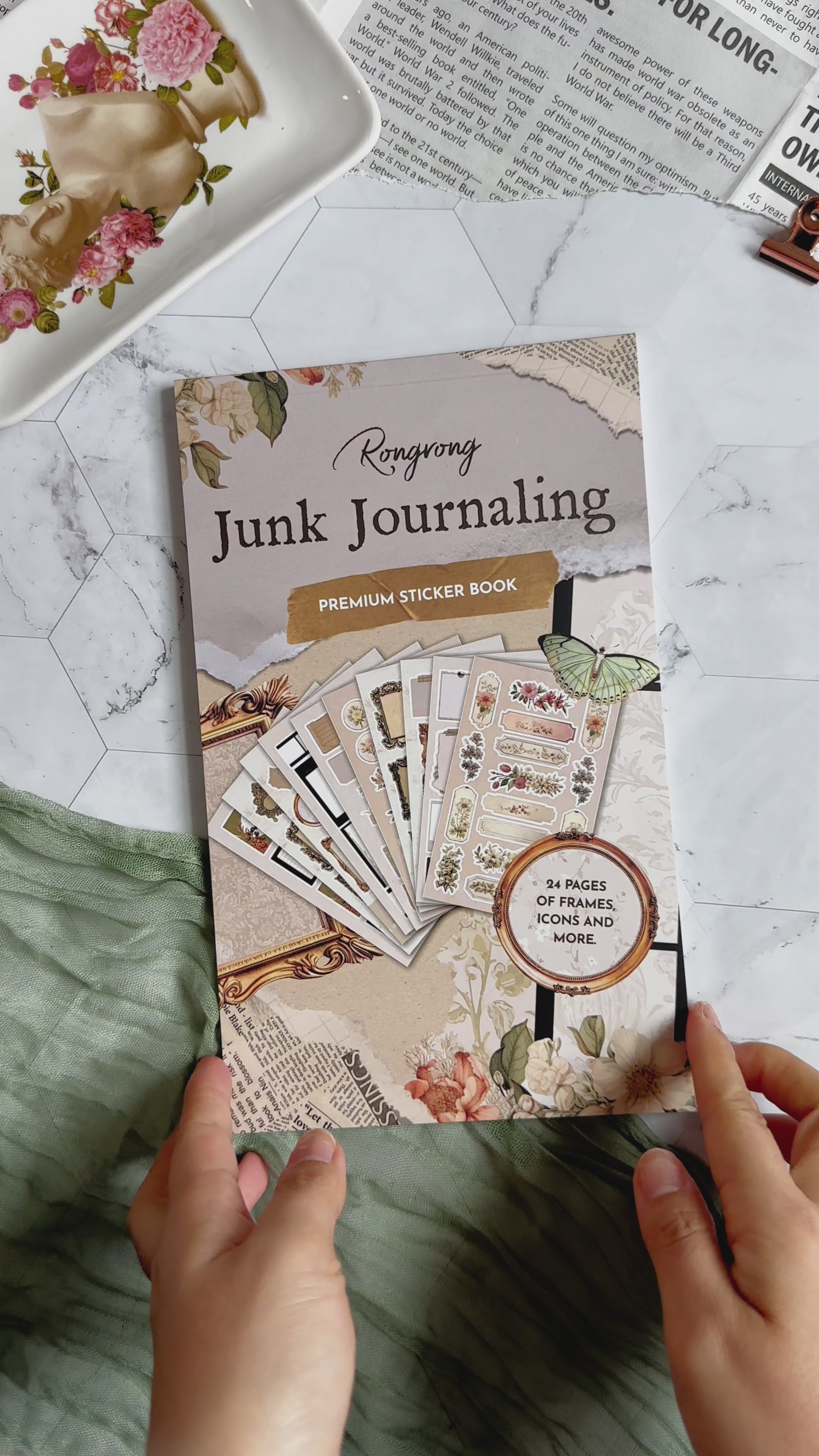 Video preview of the Junk Journal Sticker Book, flipping through creative pages filled with diverse stickers.