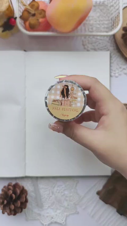Watch a cozy Plan With Me featuring the Fall Festival PET Tape collection. The video demonstrates decorating a journal spread with transparent PET stickers, including pumpkin patch scenes, autumn girls, apples, harvest signs, warm drinks, gingham patterns, and cozy seasonal accents perfect for fall journaling, scrapbooking, planning, and memory keeping.