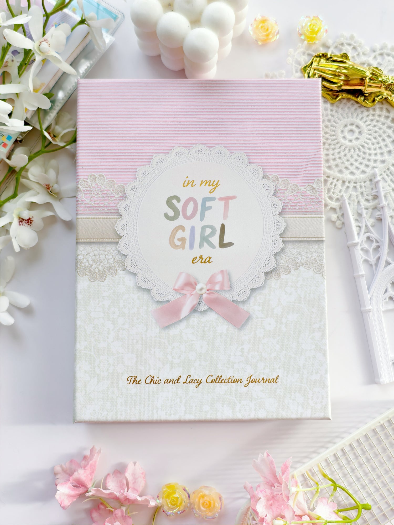Soft Girl Era journal in elegant packaging box with lace design and pastel aesthetic presentation