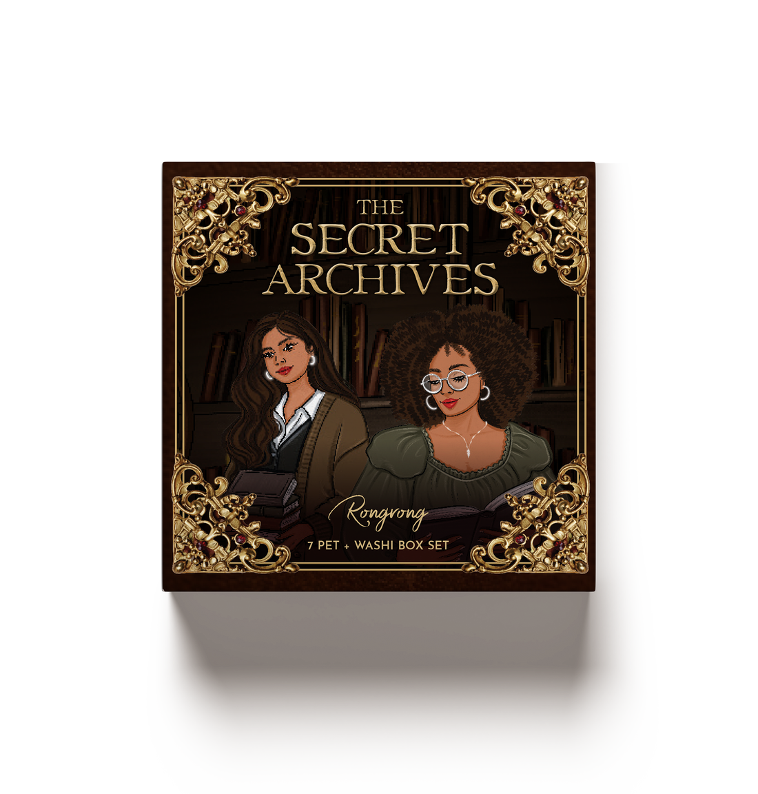 The Secret Archives 7 PET and Washi Box Set in dark academia packaging with two illustrated women, antique gold details and vintage library background
