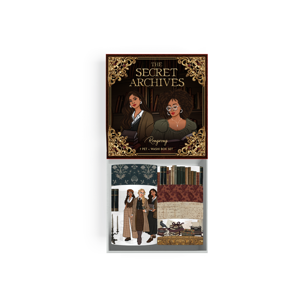 The Secret Archives Pre-Cut PET Tape and Washi Box Set featuring dark academia women, vintage books, manuscripts and library-inspired designs