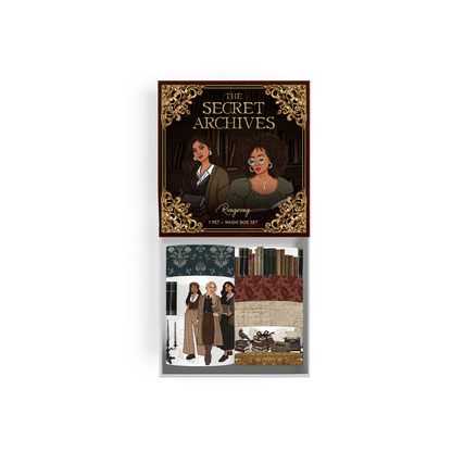 The Secret Archives Pre-Cut PET Tape and Washi Box Set featuring dark academia women, vintage books, manuscripts and library-inspired designs