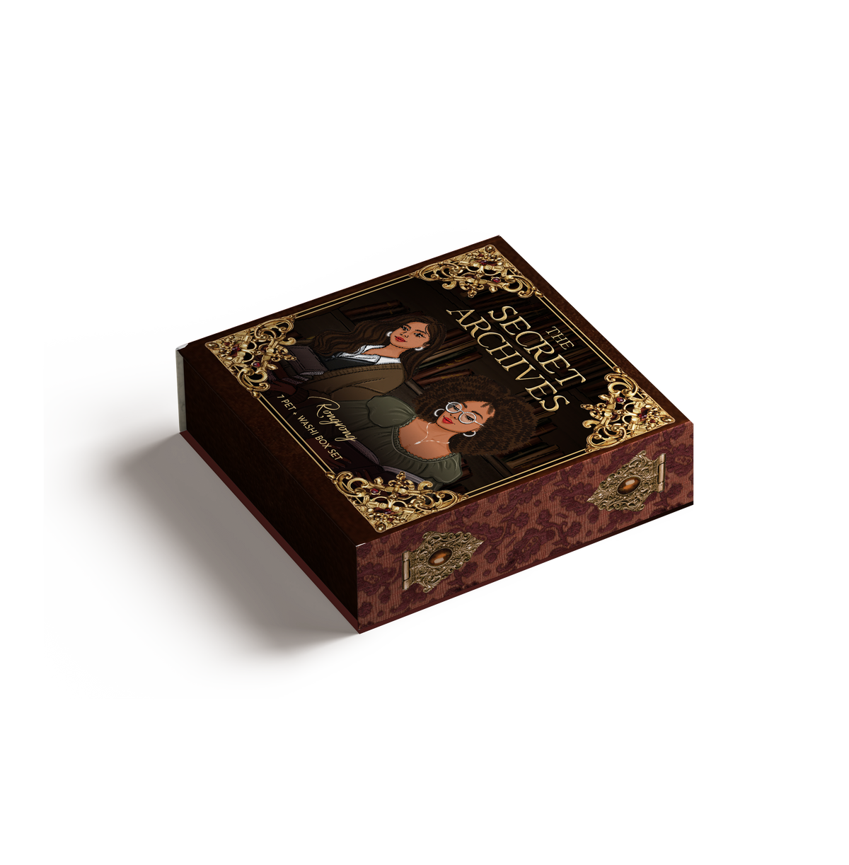 A decorative product box featuring an ornate gold-and-dark-red patterned design with an illustration of a man and a woman on the lid, set against a clean white background with a soft shadow.
