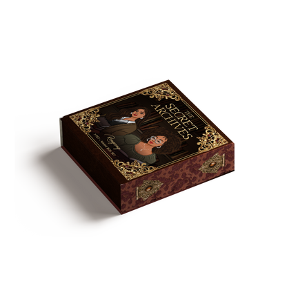 A decorative product box featuring an ornate gold-and-dark-red patterned design with an illustration of a man and a woman on the lid, set against a clean white background with a soft shadow.